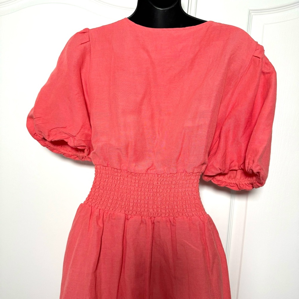 Anthropologie Katerina Button Front Puff Sleeve Mini Dress Coral Size M NWT - Picture 11 of 12